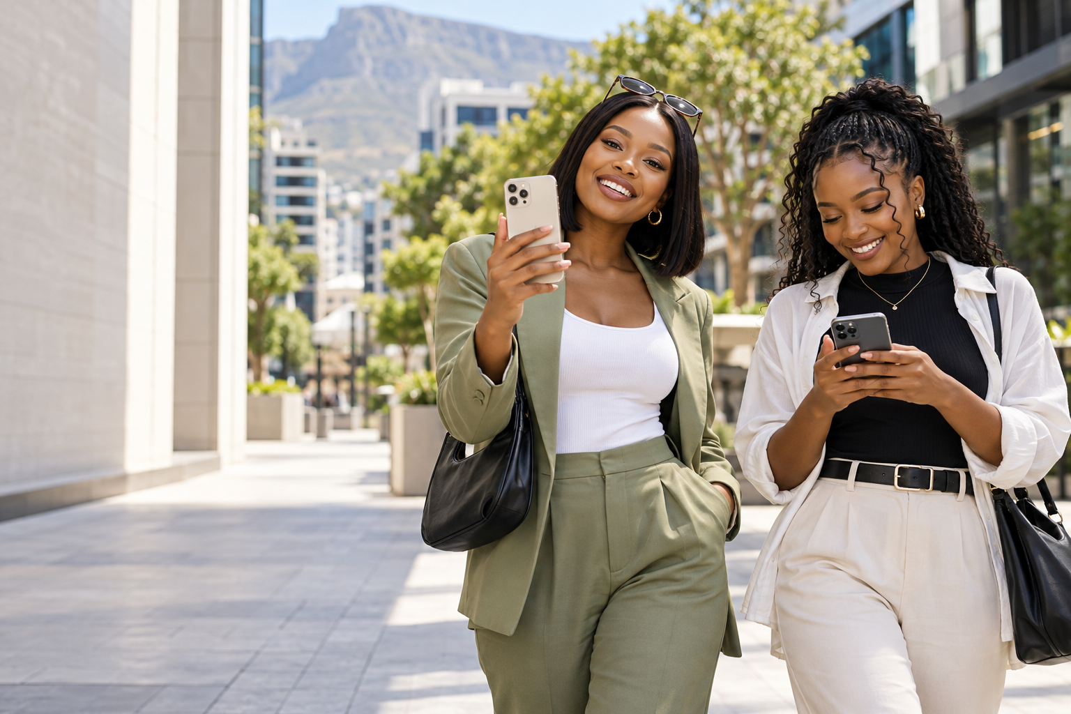 Two South African women using iPhones on a clean city street